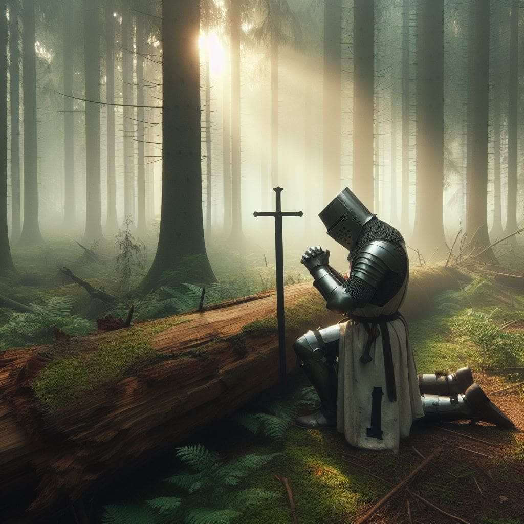 A Teutonic knight kneels in prayer next to a fallen tree in misty forest. Dapple sunlight.