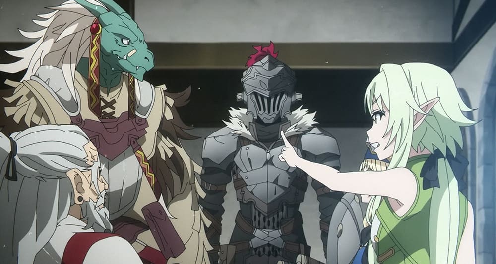 High Elf Archer points accusingly at Goblin Slayer.