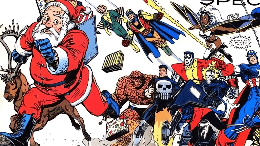 Marvel Comics Holiday Special Santa Running From Marvel Heroes