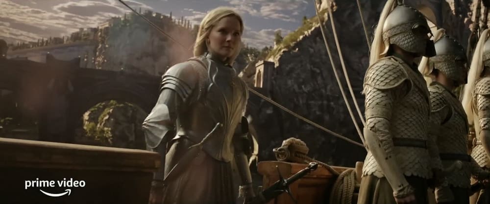 Girl-boss Galadriel (Morfydd Clarke) boards a ship in 'The Rings of Power'