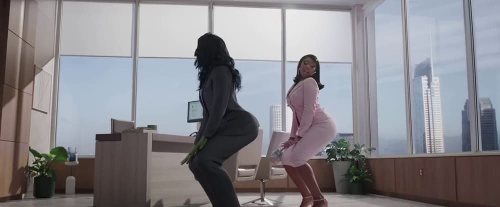 Megan Thee Stallion and Tatiana Maslany twerking in a corporate office in Disney Marvel's 'She Hulk'