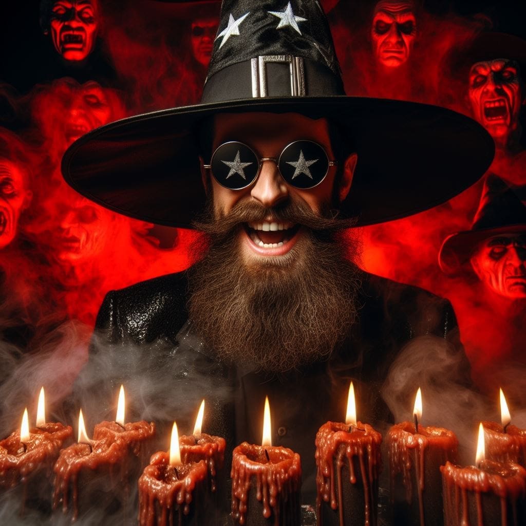 A Hollywood celebrity in an evil wizard costume, surrounded by candles and red smoke. Creepy faces are faintly visible in the smoke.