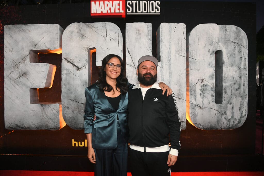 WESTWOOD, CALIFORNIA - JANUARY 08: (L-R) Sydney Freeland and Cody Lightning attend the Echo Launch Event at Regency Village Theatre in Los Angeles, California on January 08, 2024. (Photo by Alberto E. Rodriguez/Getty Images for Disney)