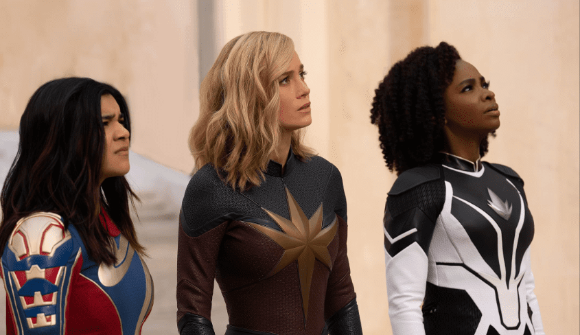 Brie Larson, Iman Vellani, and Teyonah Parris in The Marvels (2023)