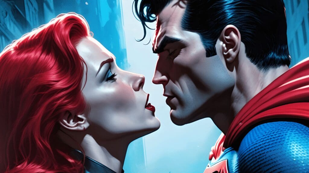 Batwoman (left) kissing Superman (right)