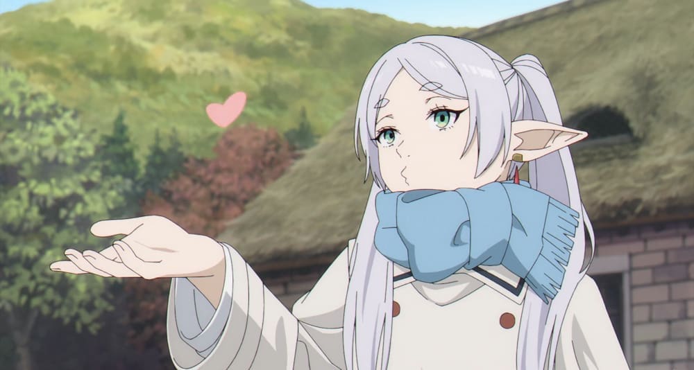 Frieren blows a kiss in the popular 2023 anime series Frieren: Beyond Journey's End. Frieren won an award at the Shogakukan Manga Awards.