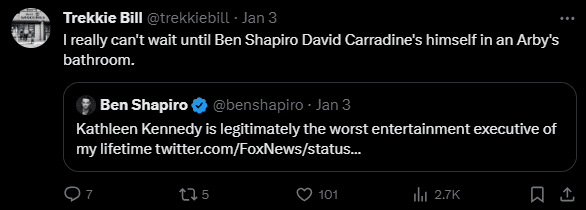 Trekkie Bill (@trekkiebill) Jan 3
"I really can't wait until Ben Shapiro David Carradine's himself in an Arby's bathroom."