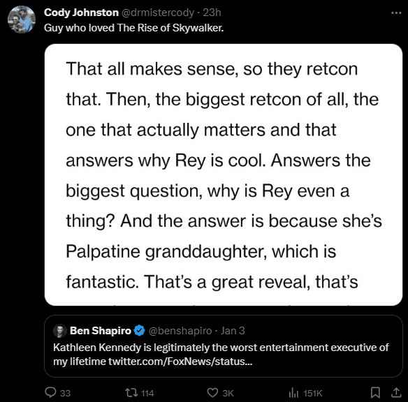 Cody Johnston (@drmistercody) 23h "Guy who loved The Rise of Skywalker."