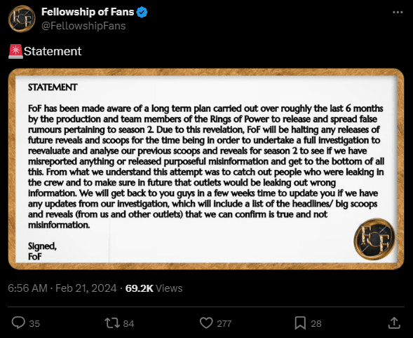 Fellowship of Fans Statement