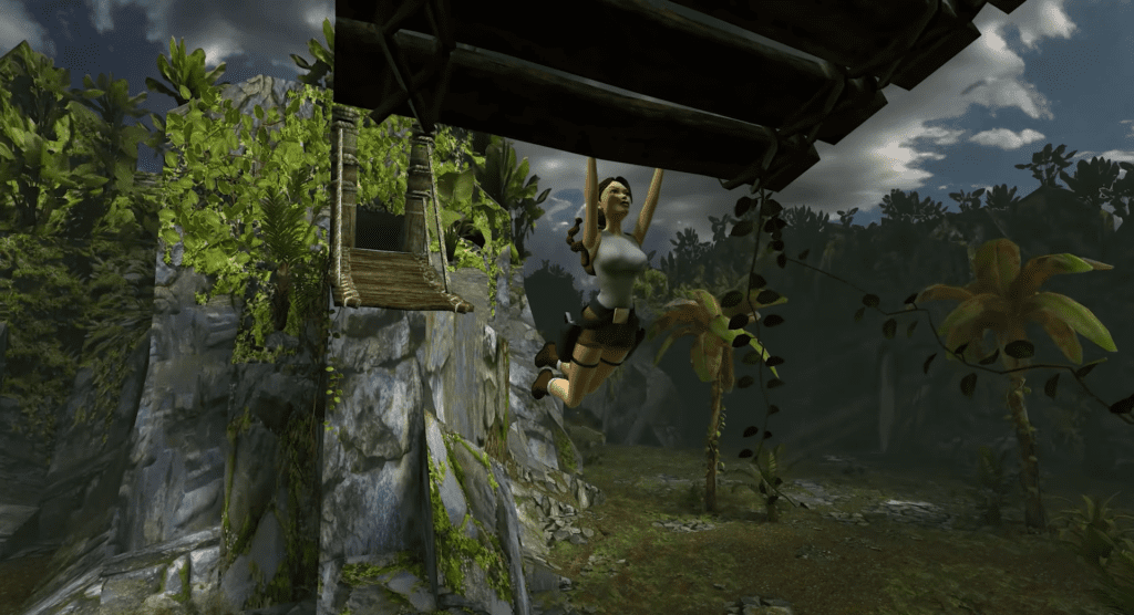 Tomb Raider I-III Remastered Trailer screenshot Lara Croft dangling from an unfinished bridge