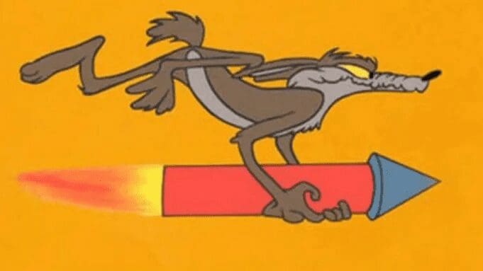 Wile E. Coyote riding a rocket