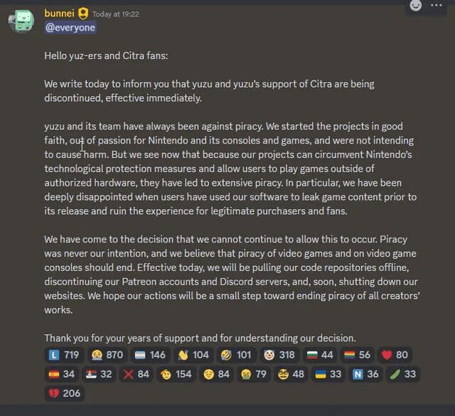 Message posted to Yuzu's Discord server from creator Bunnei.