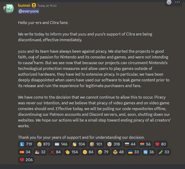 Message posted to Yuzu's Discord server from creator Bunnei.