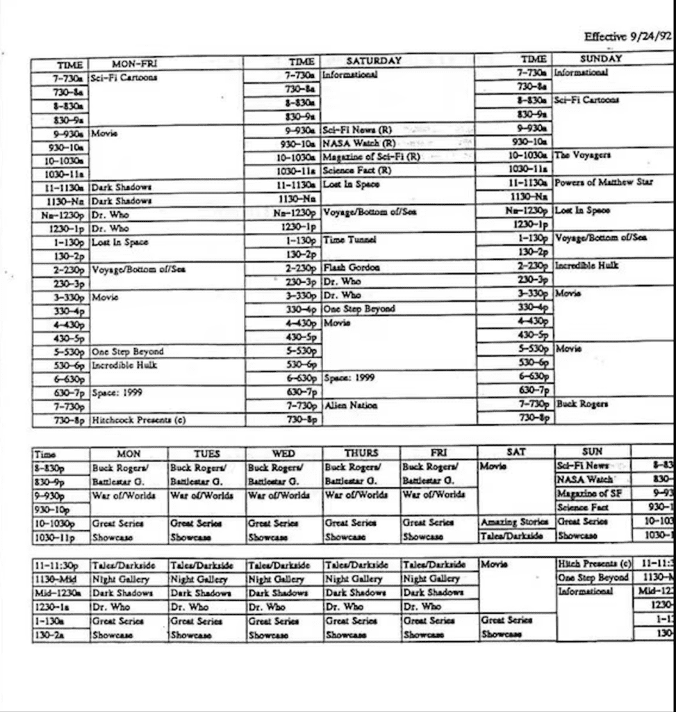 Sci-Fi Channel Schedule, 1992