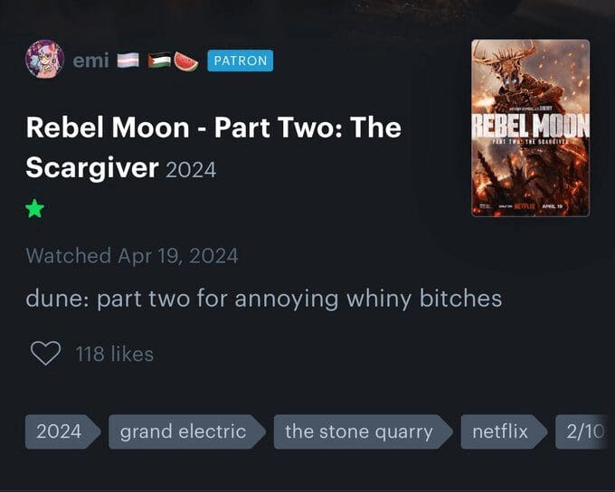 "Rebel Moon Part 2"
"Rebel Moon Part 2" Rotten Tomatoes
"Rebel Moon Part 2" reviews
Zack Snyder
Zack Snyder Rotten Tomatoes